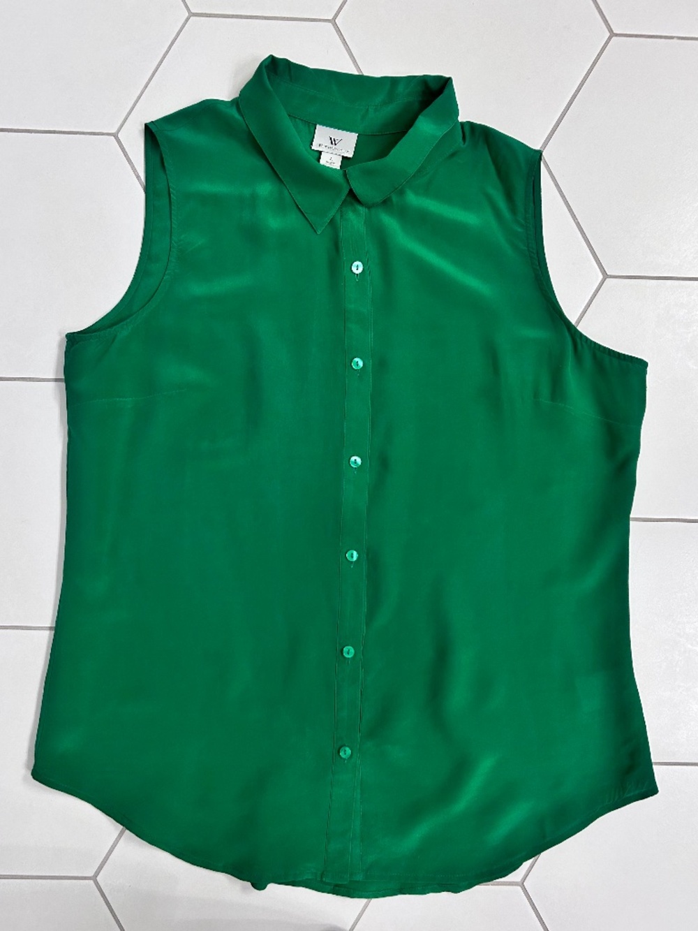 Worthington Green Sleeveless Silk Button Down Blouse, Size L